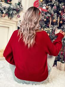 SHEIN LUNE 字母圖案落肩袖套頭毛衣 - 紅色 - 查看 2