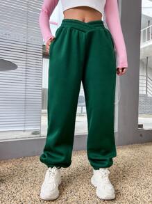 SHEIN Unity 純色鬆緊腰斜袋運動褲 - 墨綠色 - 查看 4