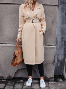 SHEIN Frenchy 翻領斜袋繫帶風衣 - 卡其色 - 查看 6