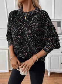 SHEIN LUNE 太空染色落肩针织套头衫秋冬毛衣 - 黑色 - 查看 5