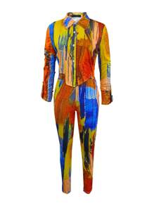 LovelyWholesale 女士优雅时尚翻领纽扣扎染设计长袖紧身裤套装春秋季 - 彩色 - 查看 3