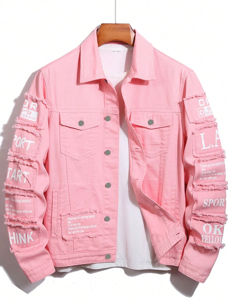 Manfinity Homme Men Long Sleeve Slogan Graphic Flap Pocket Denim Jacket Without Tee , Pink , For Fall - Pink - View 1