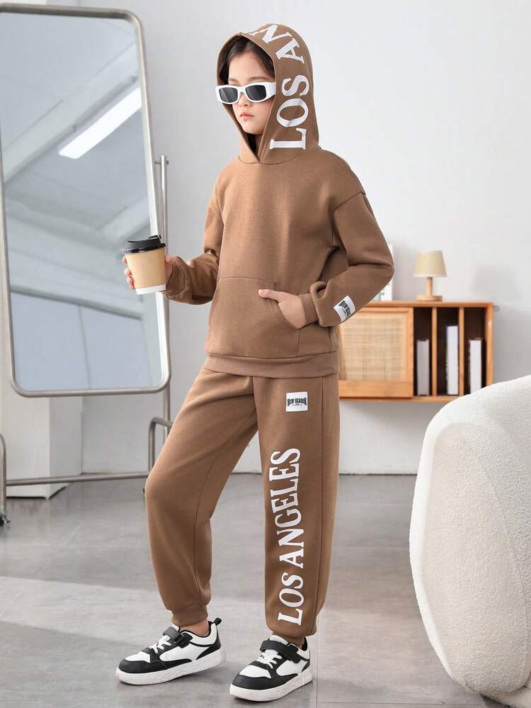 2pcs Girls Fleece Solid Color Letter Graphic Hoodie And Relaxed Fit Sweatpants Set, Thickened