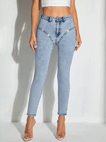 SHEIN BAE 高腰緊身九分牛仔褲 - 藍色 - 查看 6