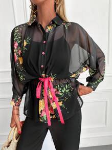 RueChic Floral Print Tie Front Batwing Sleeve Shirt - Black - View 1