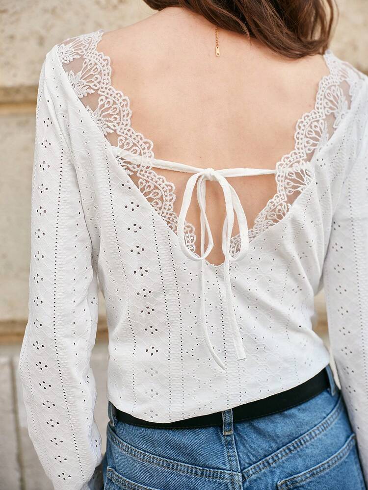 Contrast Lace Eyelet Embroidery Tie Back Tee Winter White Casual