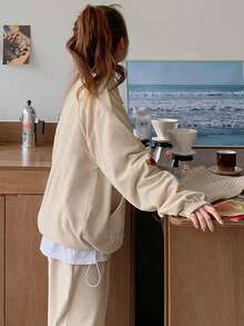 DAZY Half Zip Kangaroo Pocket Drop Shoulder Sweatshirt Without Tee - Apricot - View 6