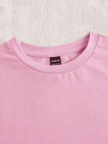 SHEIN EZwear Casual Minimalist Slim Fit Round Neck Long Sleeve Cropped Women T-Shirt, Suitable For Spring And Autumn - Hot Pink - View 3