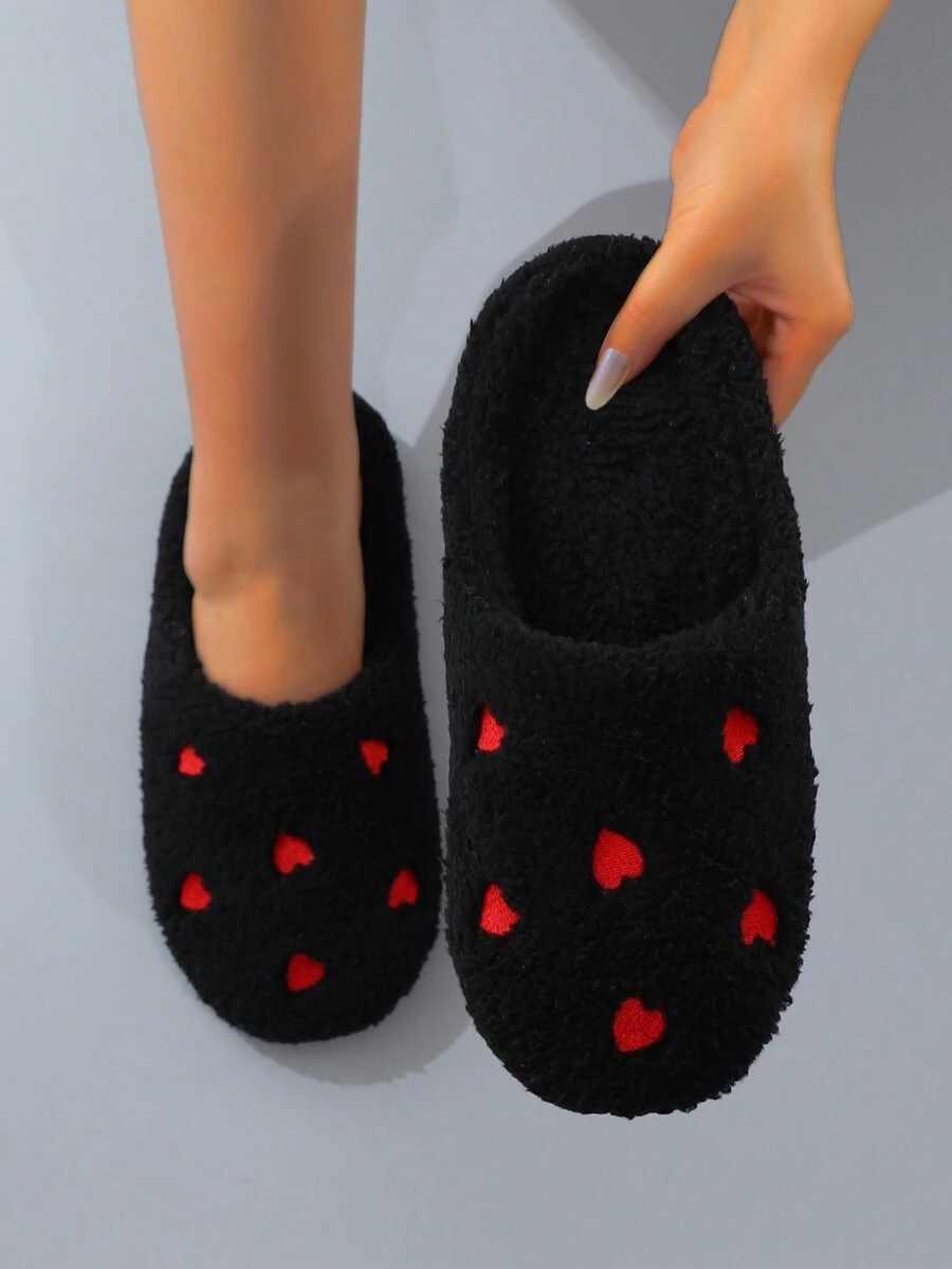 女士刺繡絨面室內拖鞋,軟底 - 黑色 - 查看 1