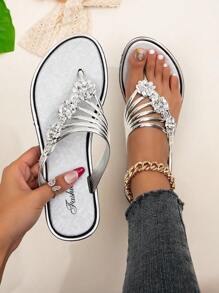 Dép Xỏ ngón Nữ Pha lê kim cương màu trơn Hấp dẫn - Bạc - Xem 1