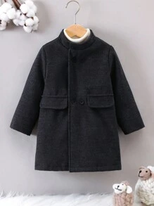 SHEIN Young Boy 1pc Double Breasted Flap Detail Overcoat - Dark Grey - View 1