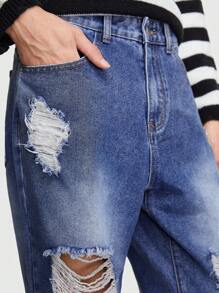 ROMWE MEN Street Life 男款破洞牛仔褲 - 藍白色 - 查看 6