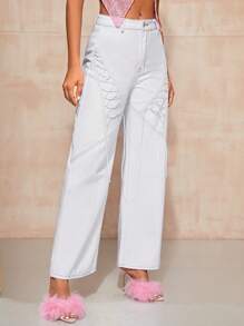 SHEIN Essnce Lace Up Front Wide Leg Jeans - White - View 4