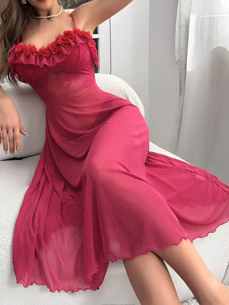 SHEIN Camisón largo con contraste de encaje, volantes y malla - Rosa Fucsia - Ver 1