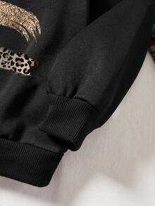 Tween Girl 1pc Leopard & Heart Print Thermal Lined Pullover - Black - View 4