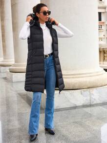 EURMUSE Fuzzy Trim Hooded Puffer Vest Coat - Black - View 4