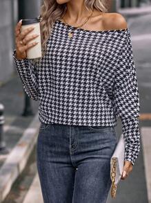 Houndstooth Print Batwing Sleeve Tee - Black and White - View 4