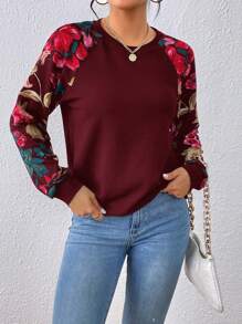 SHEIN LUNE Floral Print Raglan Sleeve Sweatshirt In Fall/Winter - Burgundy - View 6