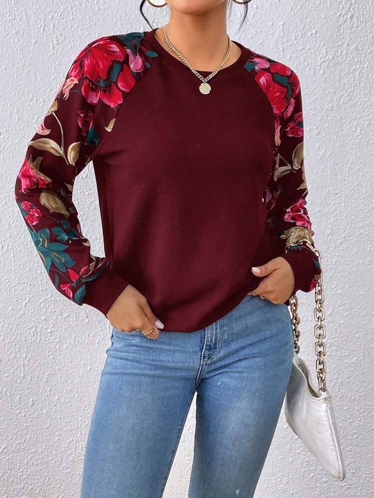 Floral Print Raglan Sleeve Sweatshirt In Fall/Winter,Casual
