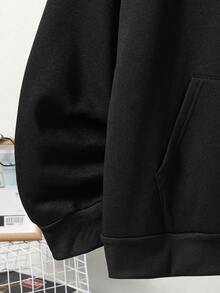 Men Plus Expression Print Kangaroo Pocket Drawstring Thermal Lined Hoodie - Black - View 5