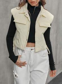 Flirla Drawstring Side Flap Detail Quilted Vest Padded Coat Clothes Winter - Beige - View 1