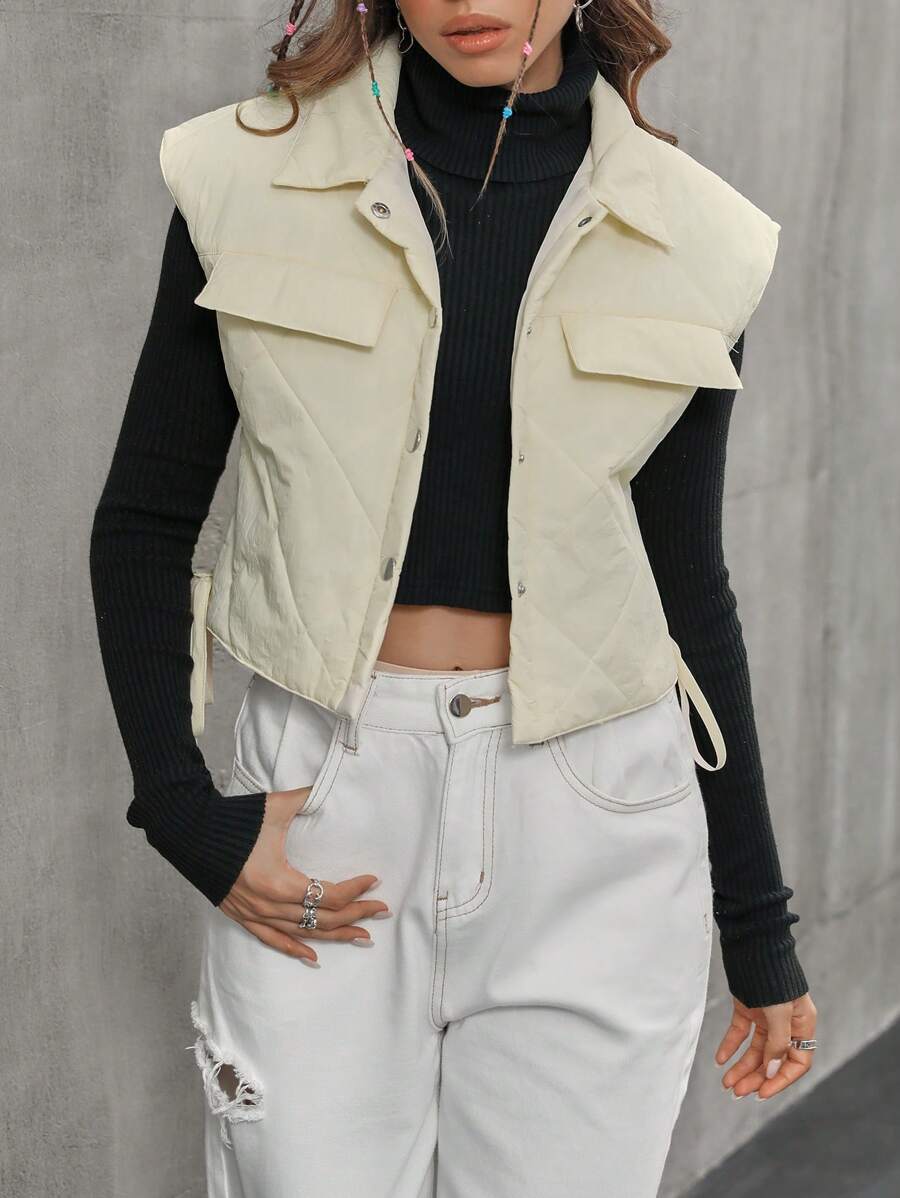 Flirla Drawstring Side Flap Detail Quilted Vest Padded Coat Clothes Winter - Beige - View 1