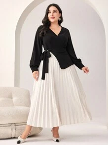 Modelyn 大碼兩色結側褶下擺洋裝 - 黑與白 - 查看 1