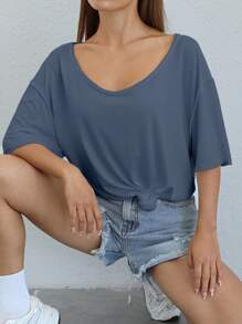 SHEIN Essnce Solid Asymmetrical Shoulder Oversized Tee - Navy Blue - View 6