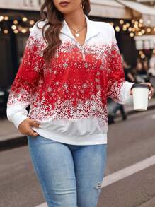 Calvaya 加大码圣诞印花插肩袖半拉链套头卫衣秋季卫衣 - 彩色 - 查看 4