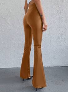 RueChic Solid Flare Leg Pants - Brown - View 1
