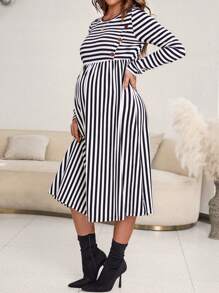 SHEIN Maternity Striped Print Dress - Black - View 1