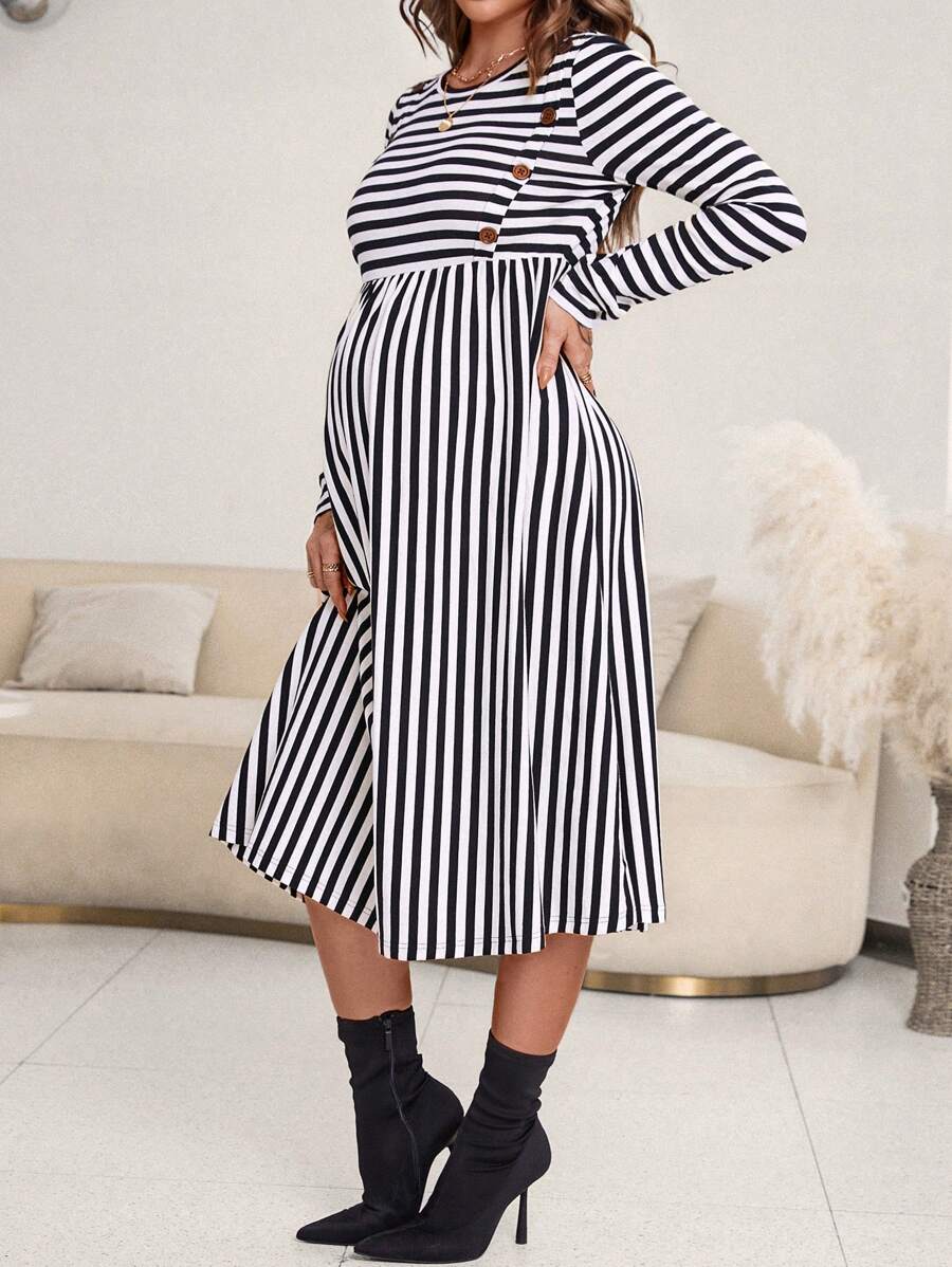 SHEIN Maternity Striped Print Dress - Black - View 1