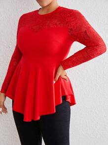 SHEIN Privé Plus Contrast Lace Peplum Tee - Red - View 1
