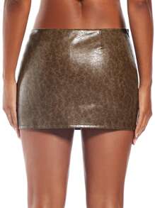 SHEIN BAE 毛絨飾邊 PU 皮革裙褲 - 棕色 - 查看 3