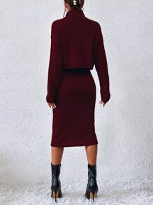 Chiquease Turtleneck Drop Shoulder Sweater & Knit Dress Fall Winter Cloth For Women - Burgundy - View 2