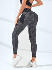 SHEIN Sports 字母圖案寬腰帶網紗拼接拼接手機口袋頂針運動打底褲帶手機袋 - 深灰色 - 查看 2