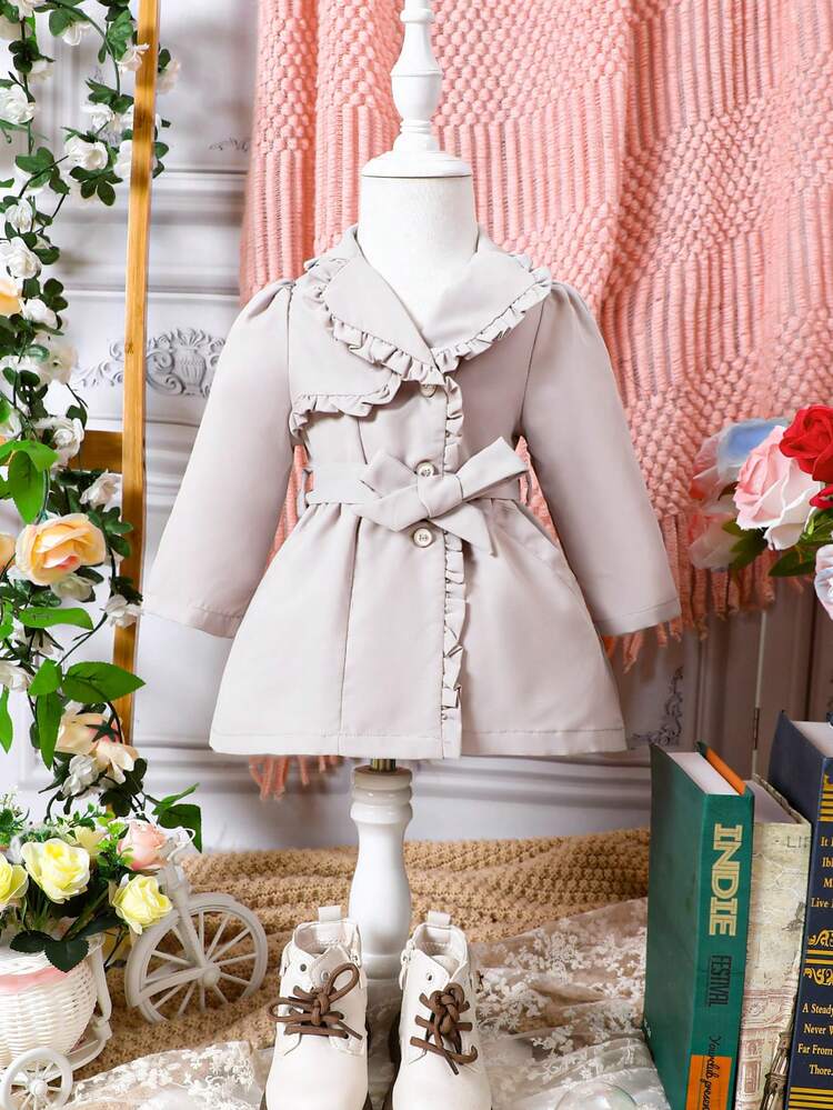 Baby Girl 1pc Frill Trim Belted Trench Coat