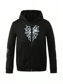 Tween Boy Spider Web Print Zip Up Sweatshirt - Black - View 1