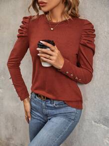 SHEIN Clasi Áo thun có nút tay áo xếp nếp chắc chắn - Màu Cam cháy - Xem 6