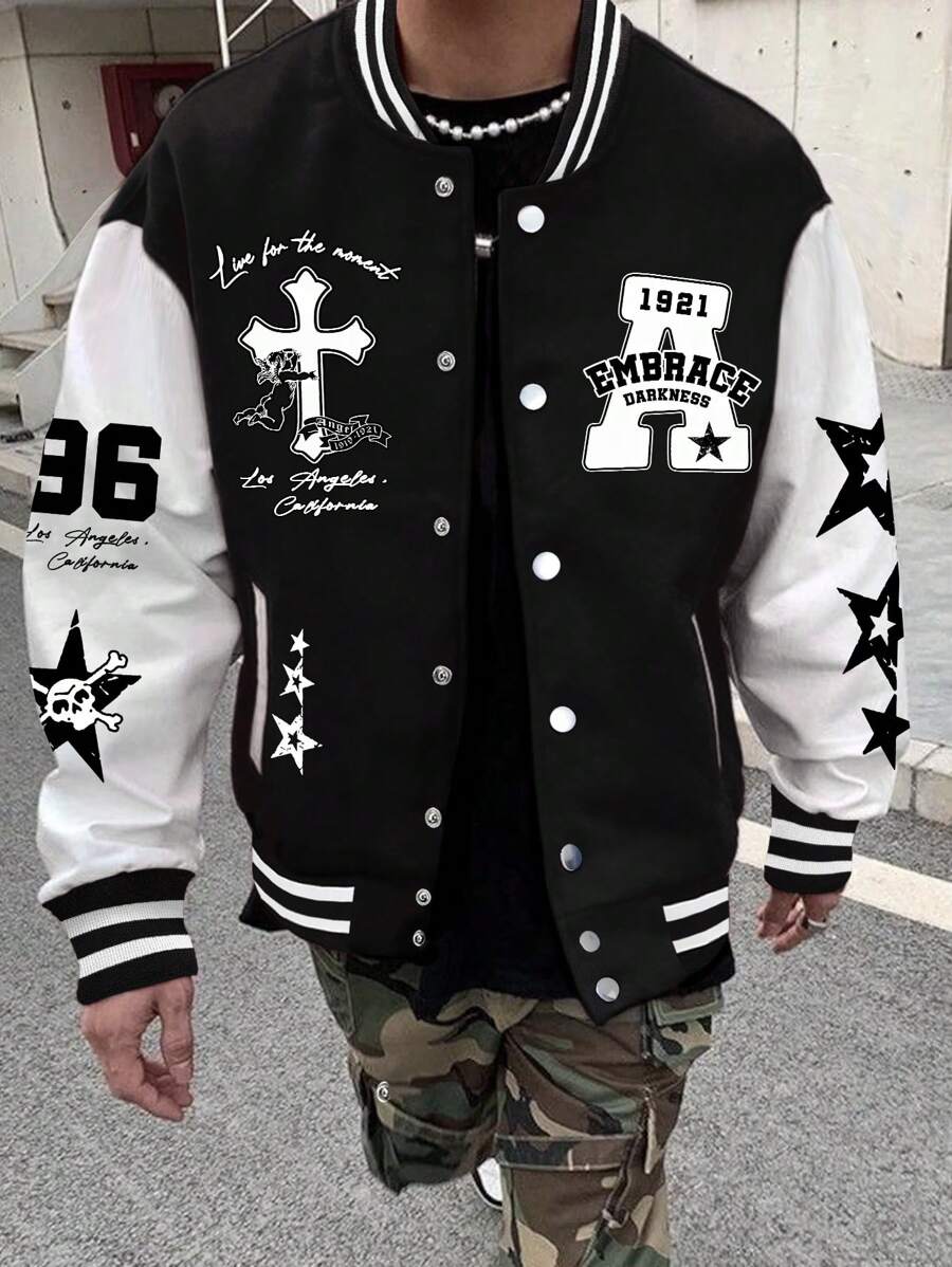 Manfinity LEGND Oversized Men's Color-Block Varsity Jacket With Slogan ...