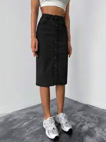 Cottnline Button Front Slant Pocket Button Up Pencil Skirt - Black - View 3