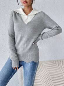 SHEIN Frenchy Contrast Collar Scallop Trim Sweater - Grey - View 6