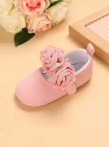 1 Pair Baby Girls' Floral Decor Soft Bottom Flat Shoes For Spring & Fall - Pink - View 3