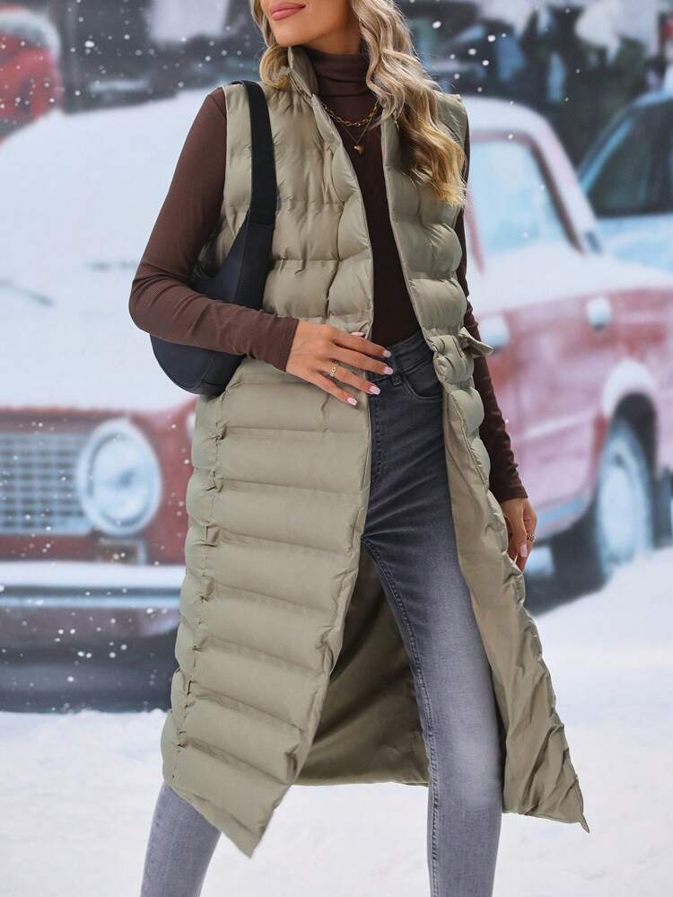 Sleeveless Plain Long Winter Coat, Casual Daily Wear