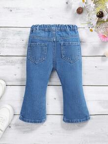 女嬰撞色荷葉邊喇叭牛仔褲 - 深色水洗藍 - 查看 2