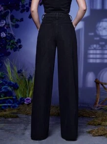 Corpse Bride | ROMWE 字母圖案闊腿牛仔褲 - 黑色 - 查看 2