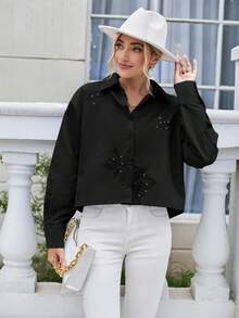 SHEIN Essnce 素色刺繡前紐扣落肩袖襯衫 - 黑色 - 查看 4