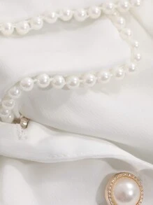 DAZY Pearls Beaded Lantern Sleeve Button Front Satin Blouse,Long Sleeve Tops,Fall Clothes - White - View 7