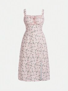 SHEIN 青少年女孩 小碎花印花繫帶前開衩大腿吊帶洋裝 - 淺粉色 - 查看 1