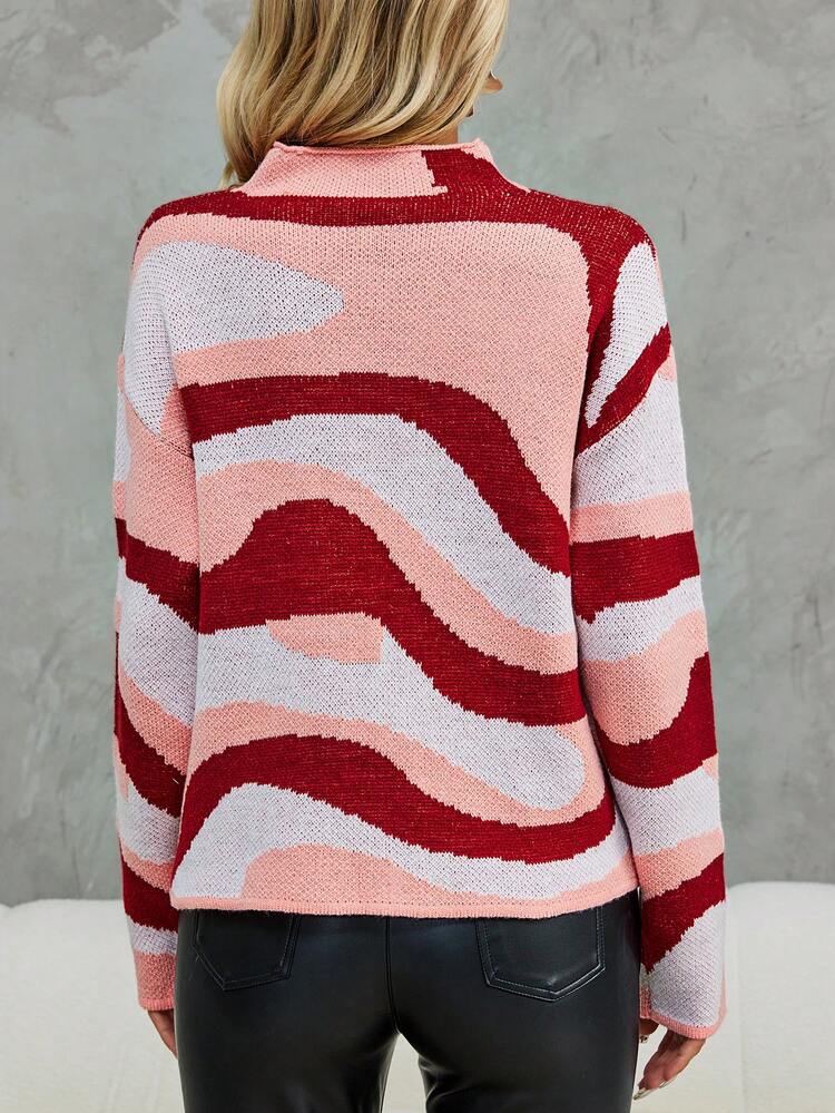 Color Block Mock Neck Drop Shoulder Knit Pullover Fall Winter Sweater